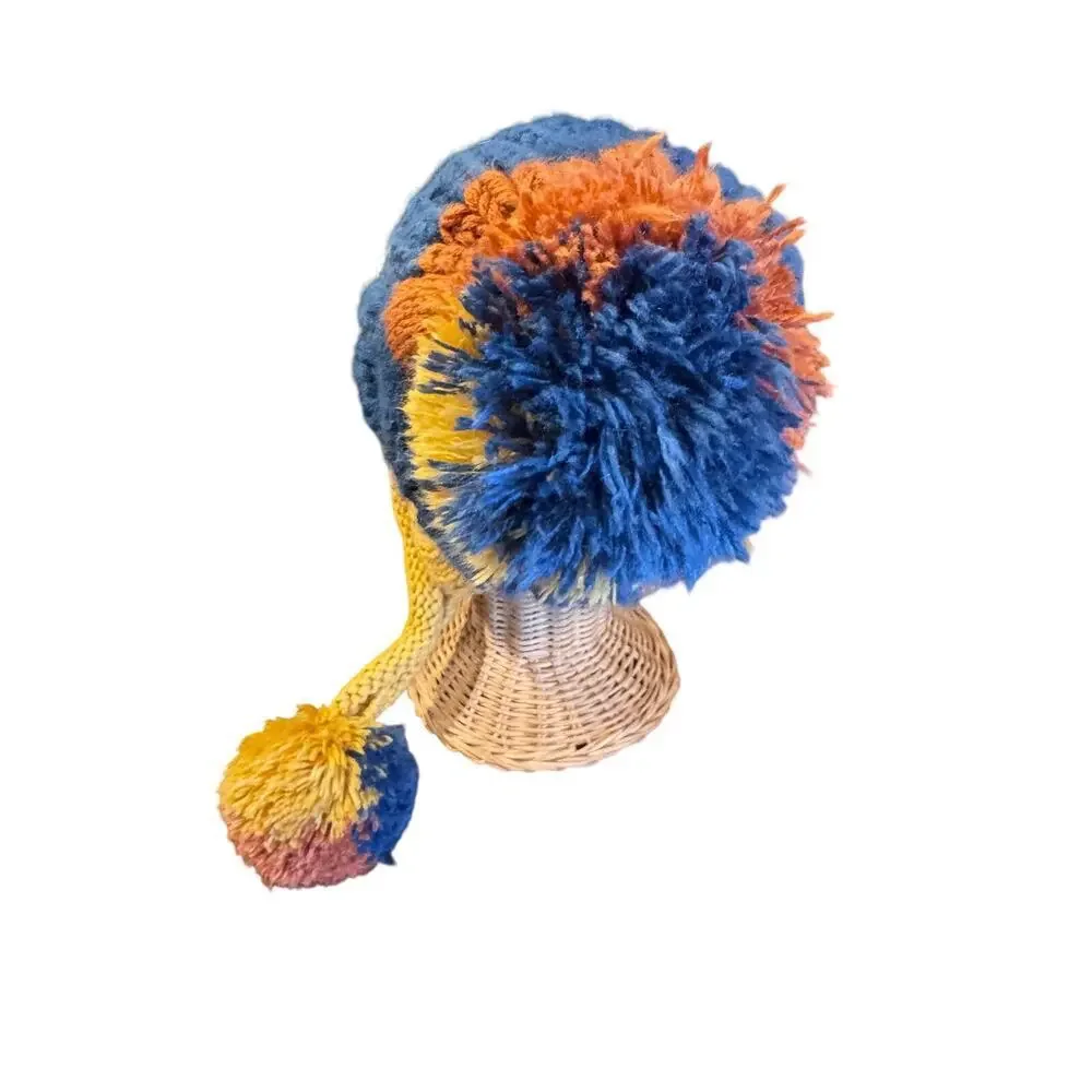 Multicolor Knit Beanie with Ear Flaps & Pom Poms – Blue Yellow Orange